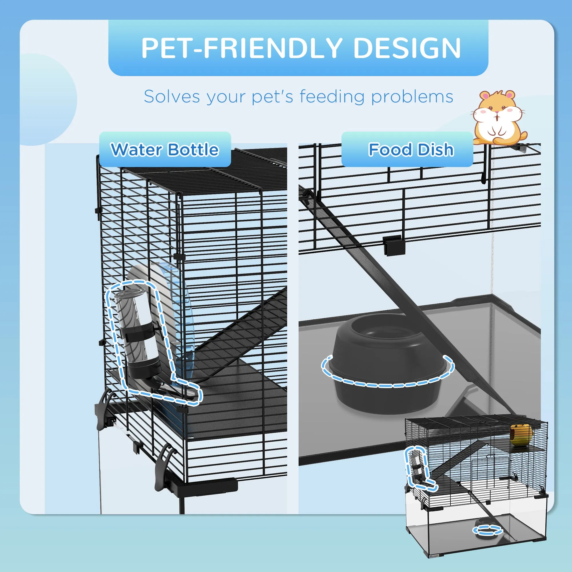 3 Tiers Hamster Cage, Gerbil Cage with Deep Glass Bottom, Non-Slip Ramps, Platforms, Hut, Exercise Wheels, Water Bottle, Dish, for Syrian Hamster, Dwarf Hamster, 60 x 40 x 57cm