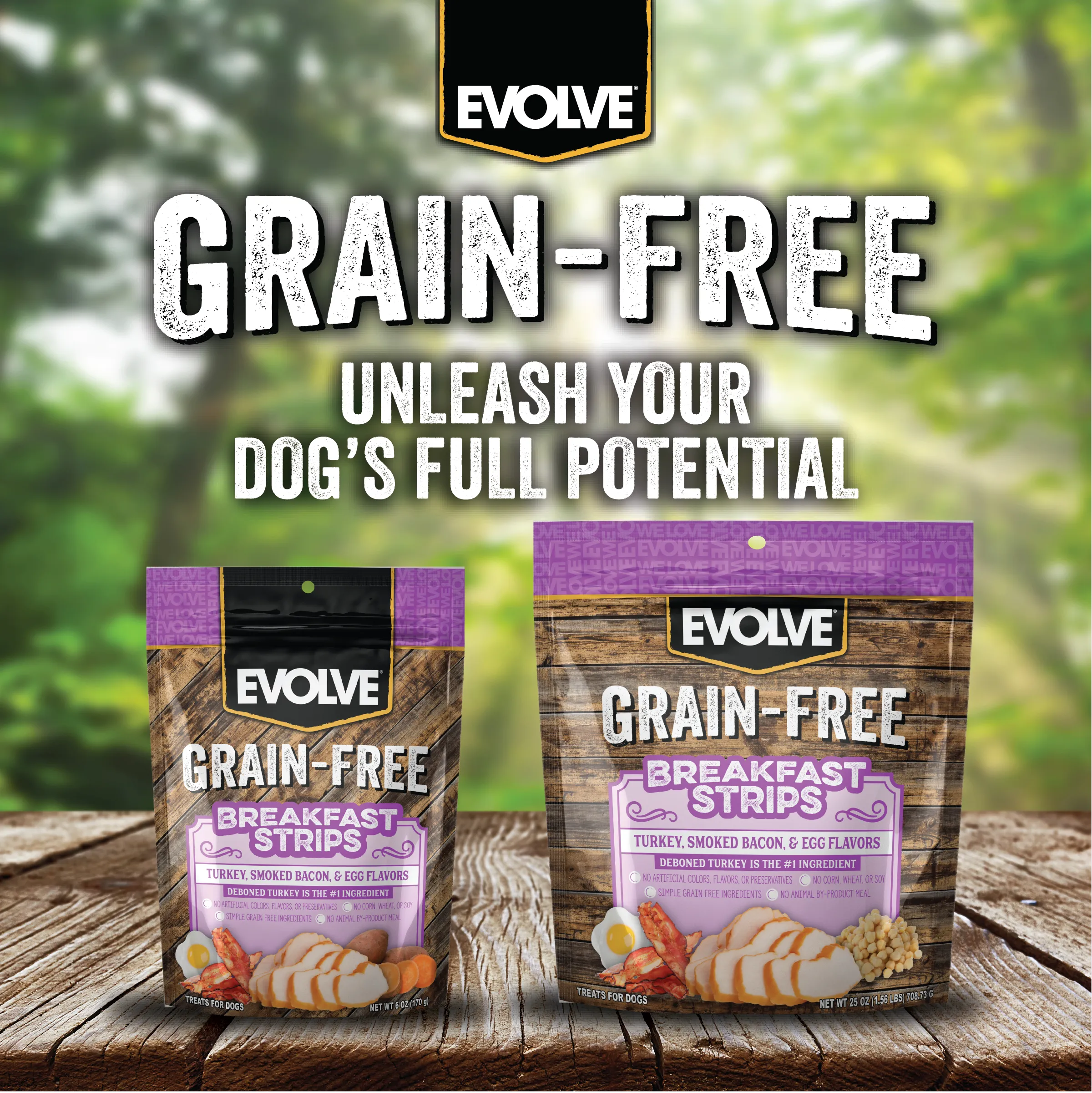 Grain Free Breakfast Strips Dog Treats | 6 oz, 25 oz | Evolve