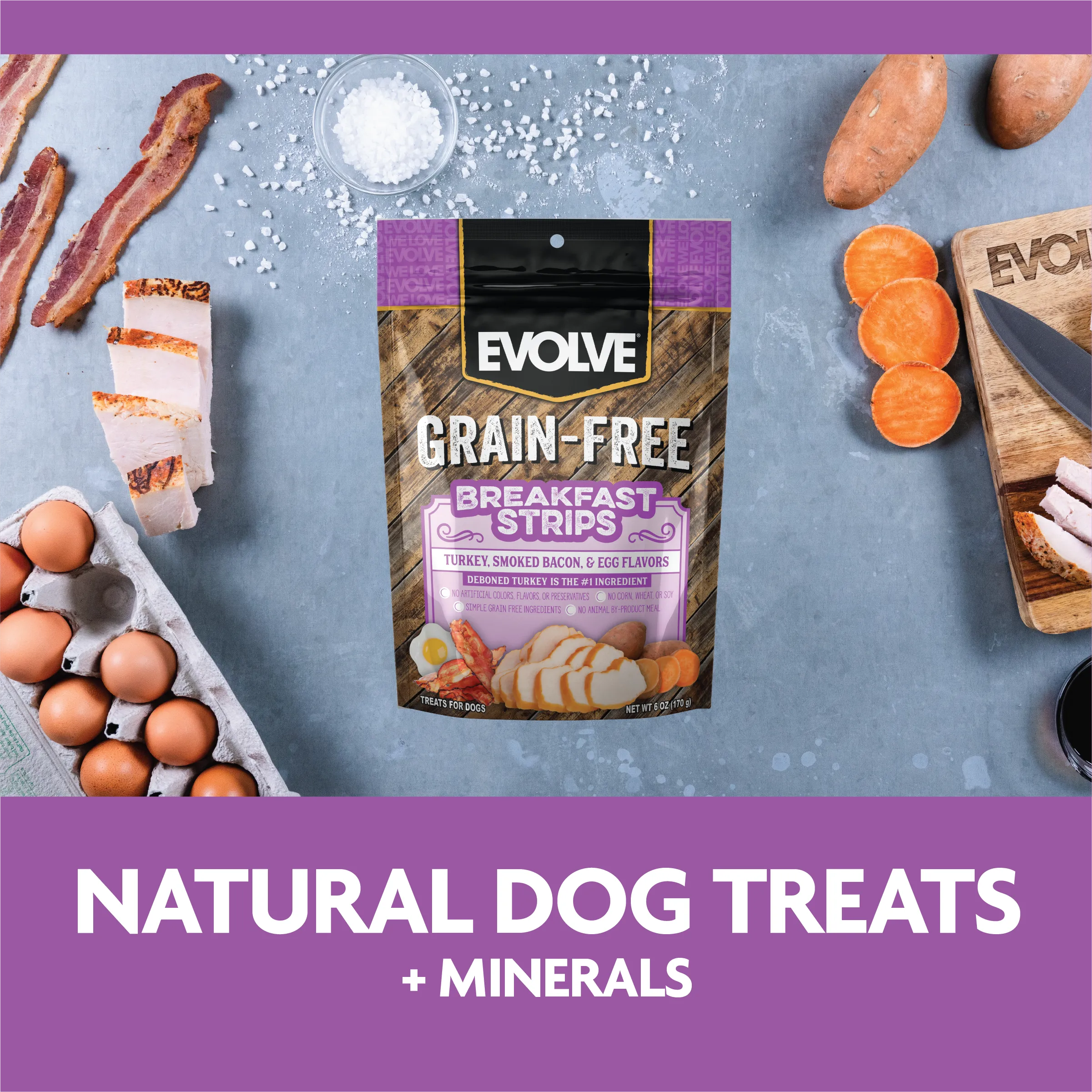 Grain Free Breakfast Strips Dog Treats | 6 oz, 25 oz | Evolve