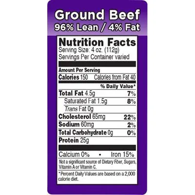 Ground Beef 96% Lean/4% Fat Label | Roll of 1,000