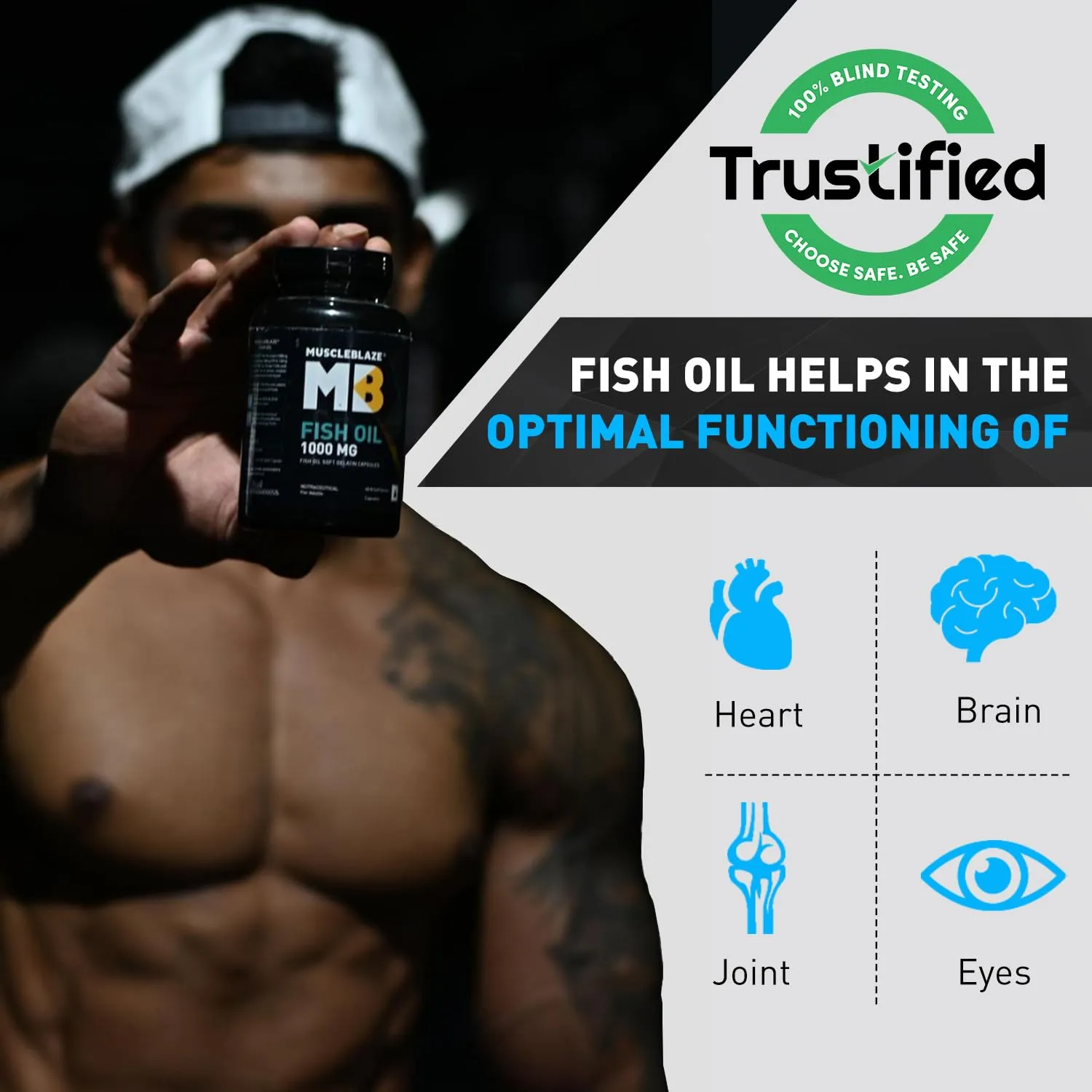 MuscleBlaze Omega 3 Fish Oil, 60 Capsules | Trustified Certified for Accuracy & Purity, 1000mg Omega 3 with 180mg EPA & 120mg DHA