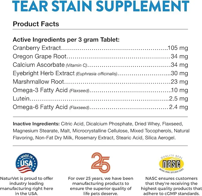 NaturVet Tear Stain Supplement with Lutein - 60 chewable tablets