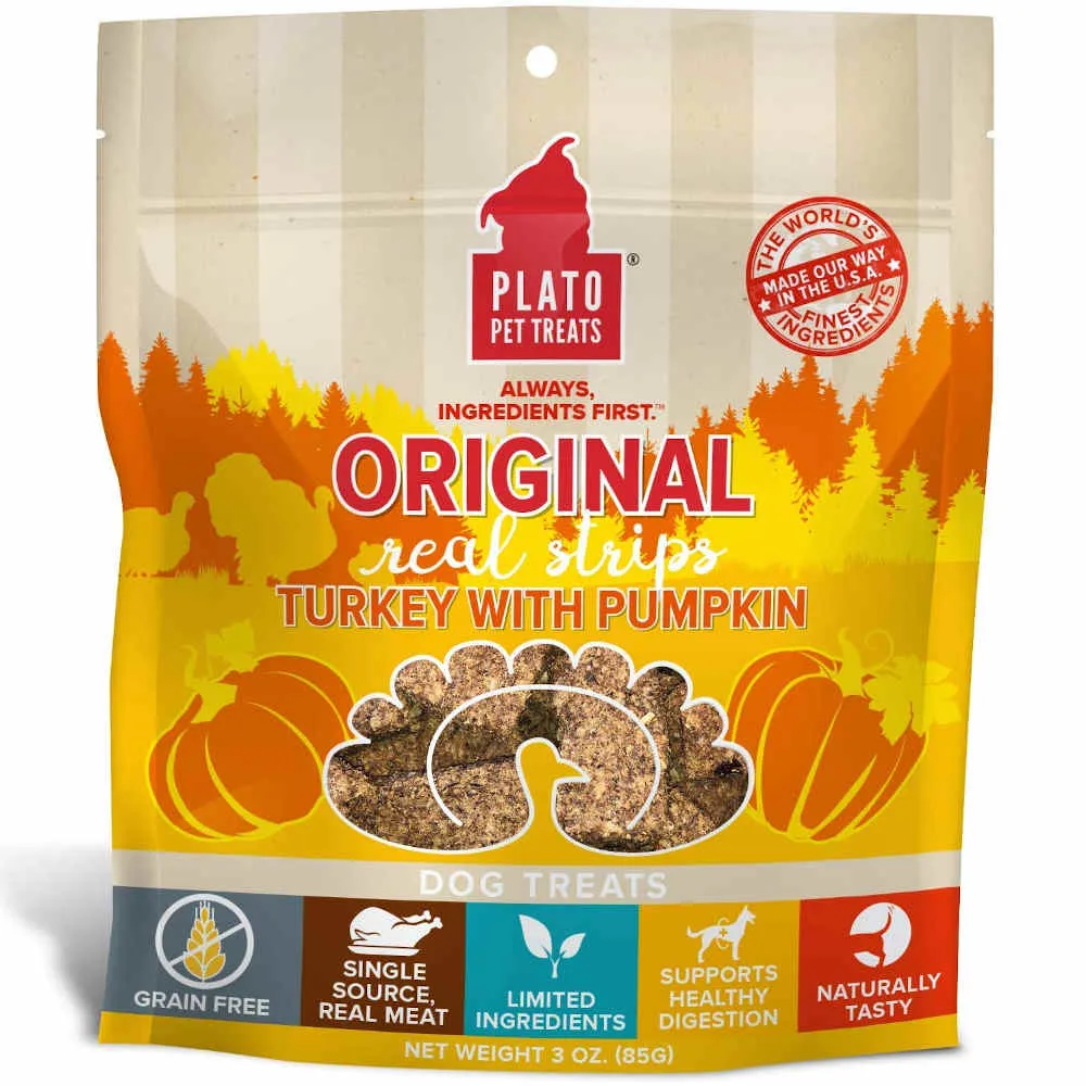 Plato Original Real Strips Turkey & Pumpkin Grain-Free Dog Treats 3oz