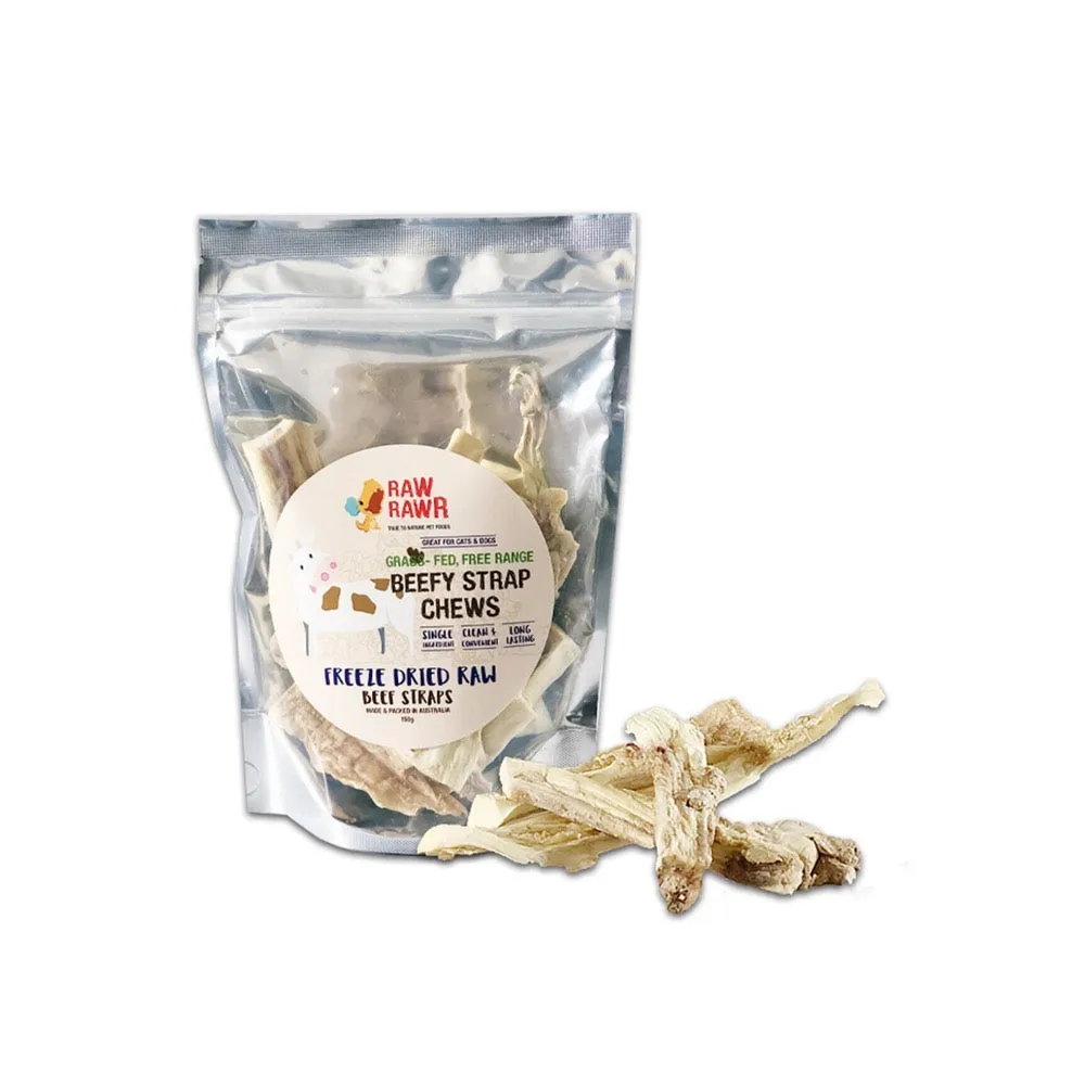 Raw Rawr Grass-Fed Free Range Beef Straps Freeze-Dried Raw Dog Chews 150g