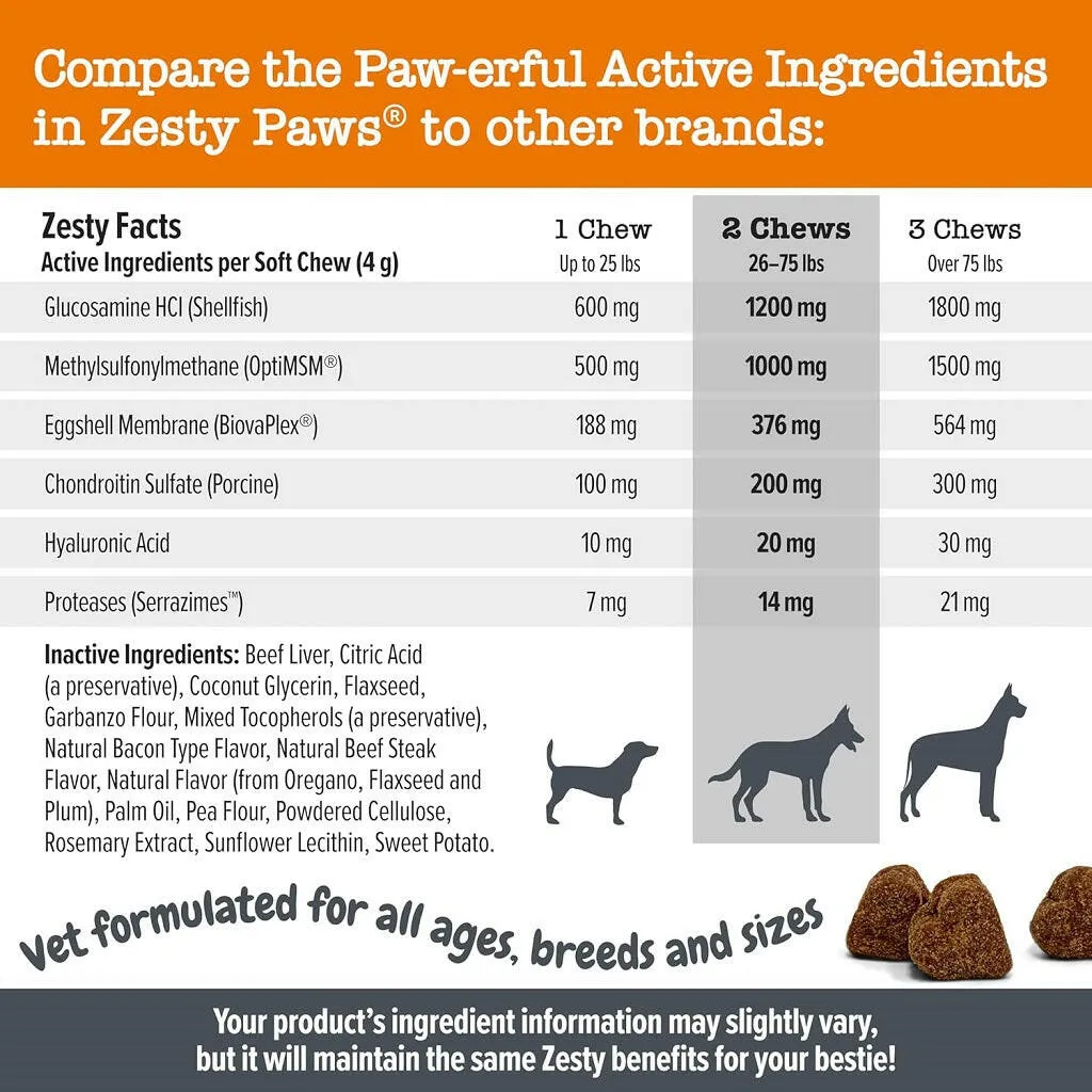 Zesty Paws Vet Strength Hip & Joint Mobility Bites Beef & Bacon Flavored chews for Dogs (90 ct)